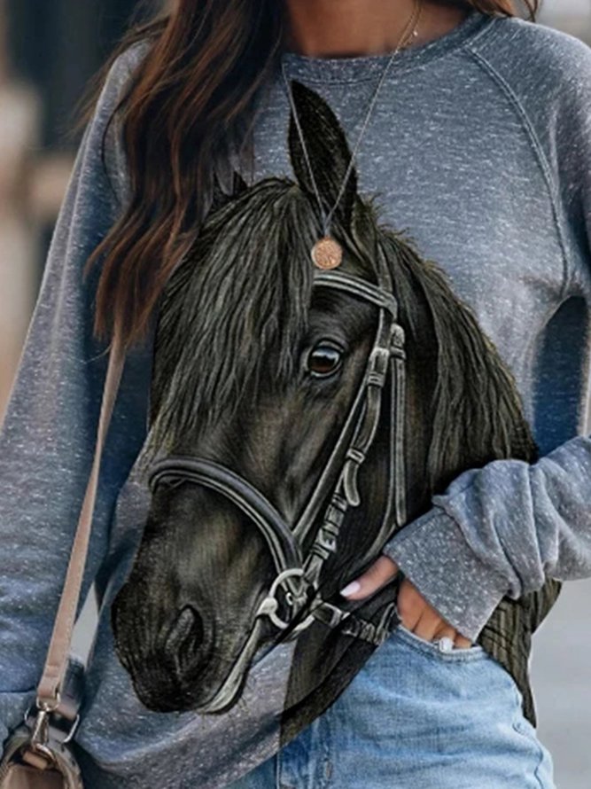 Gray Long Sleeve Horse Printed T- Shirt