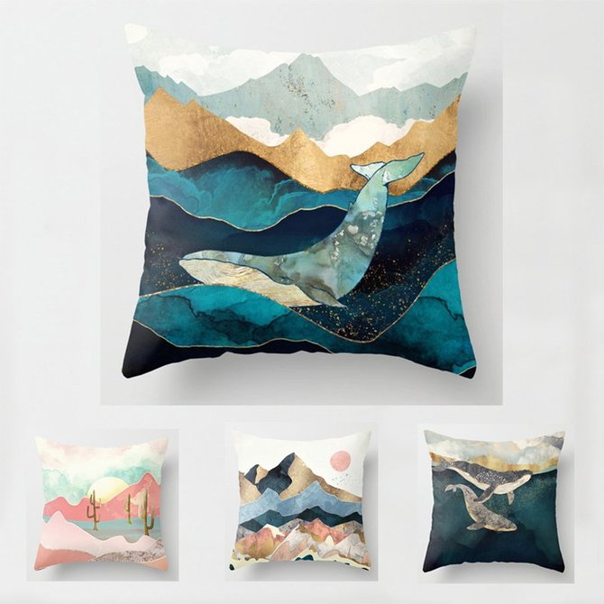 Geometric mountain peak and sun whale pillowcase