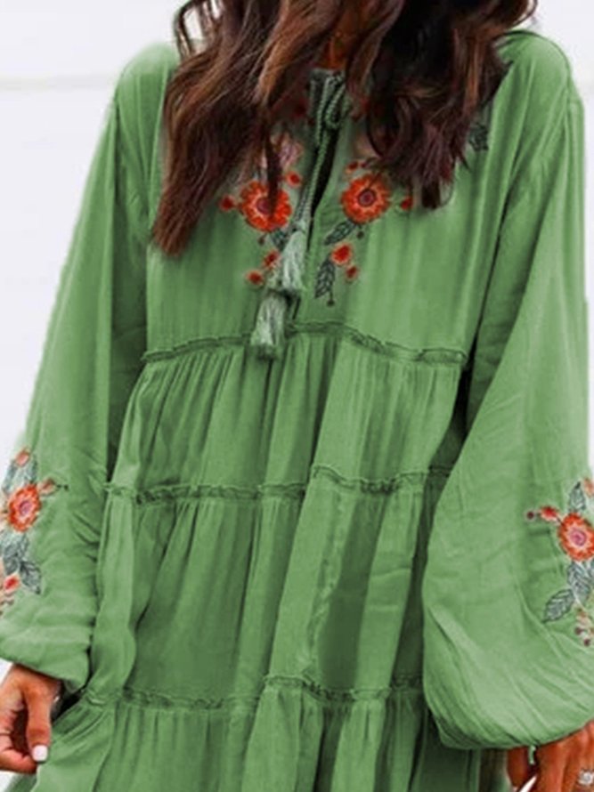 Plus Size Long Sleeve Floral Tassel Charm Elegant Casual Mini Weaving