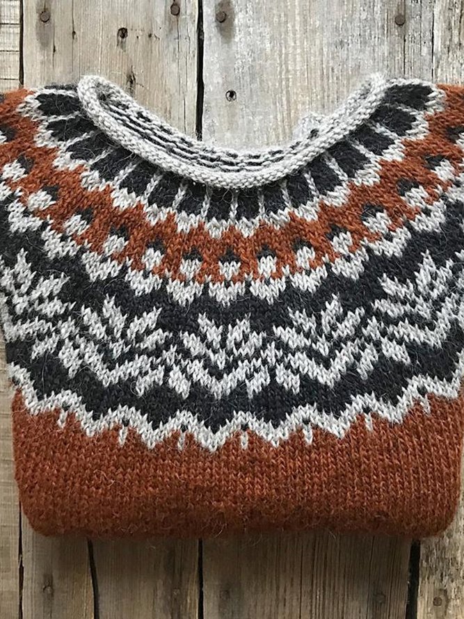 Brown Long Sleeve Vintage Cotton Crew Neck Sweater