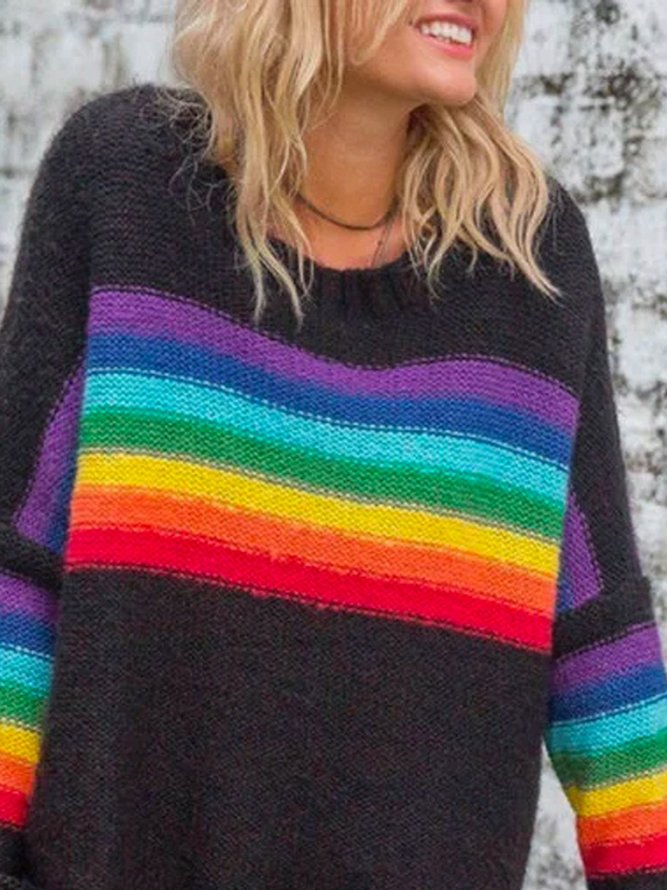Color Casual Cotton Stripes Sweater