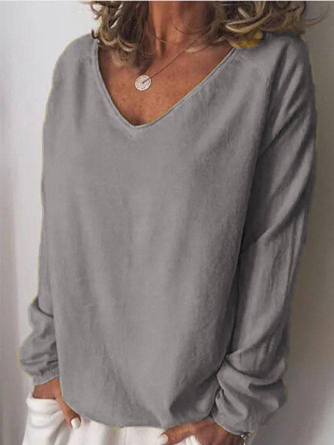 Cotton-Blend Long Sleeve V Neck T-shirt