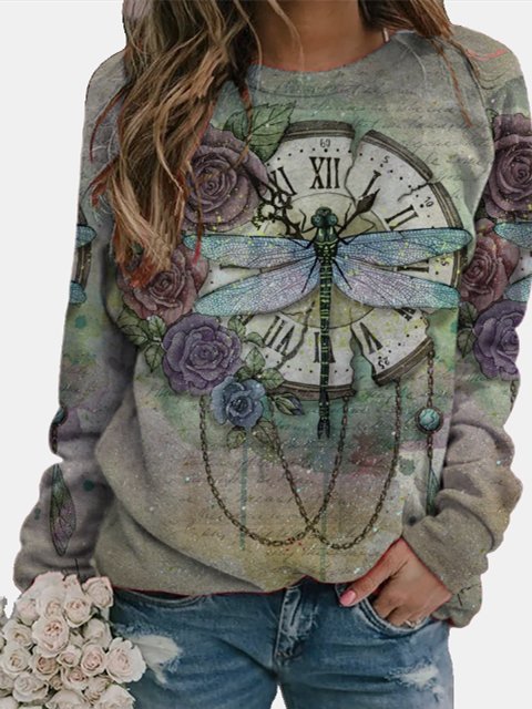 Dragonfly Floral Print Long Sleeve Round Neck Sweatshirt & Hoodies