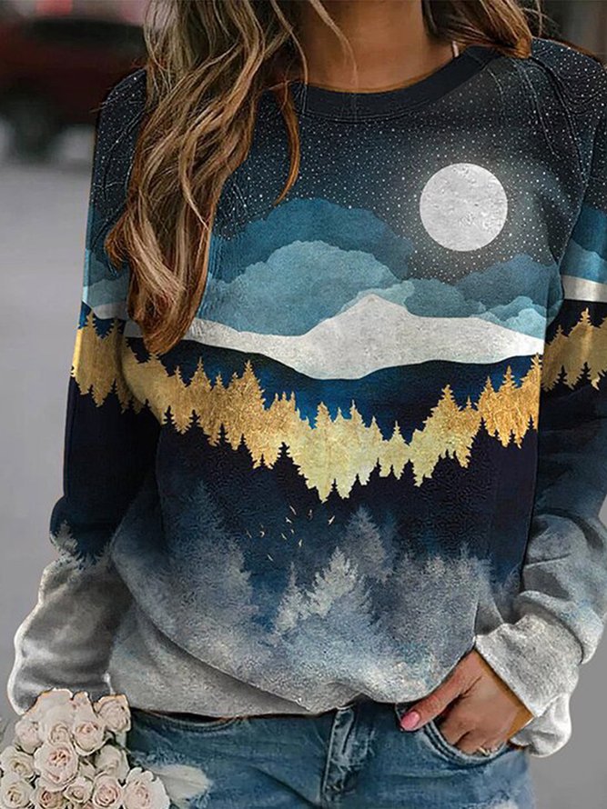 Casual loose mountain print Sweatshirt