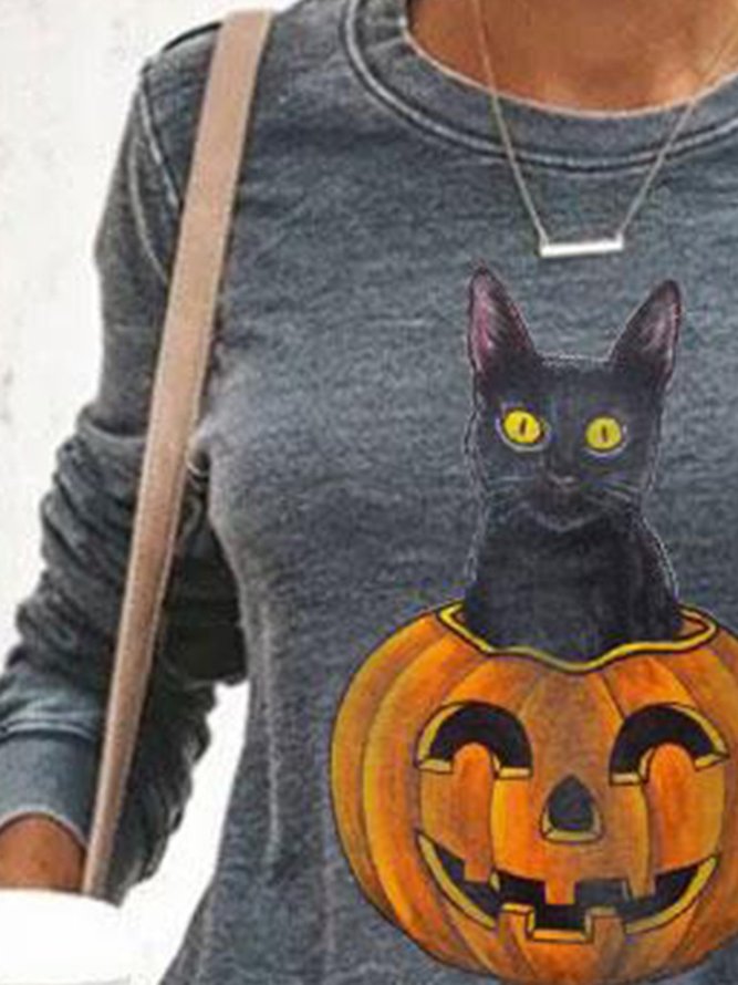 Pumpkin &Cat Printed Gray Long Sleeve Cotton-Blend Crew Neck Sweatshirts