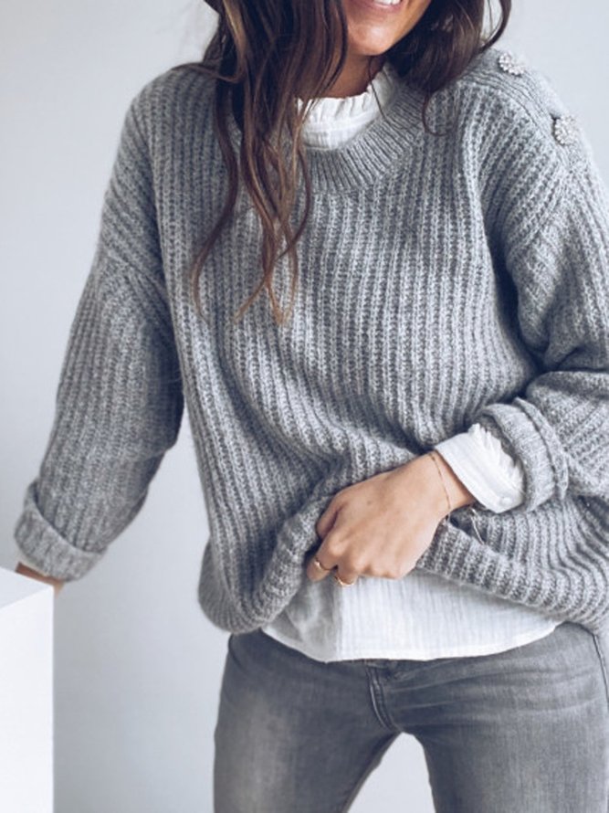 Women's Gray Casual Long Sleeve Crew Neck Sweater