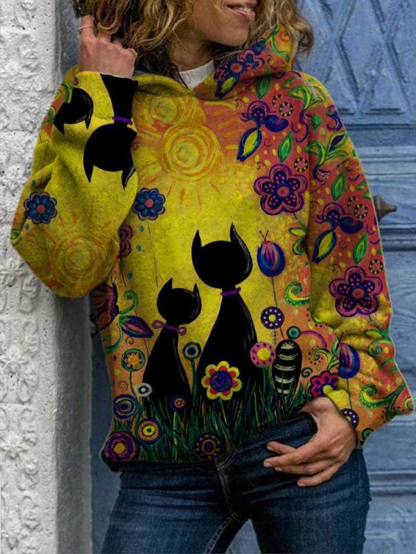 Hoodie Casual Cats Print Long Sleeve Sweatshirts