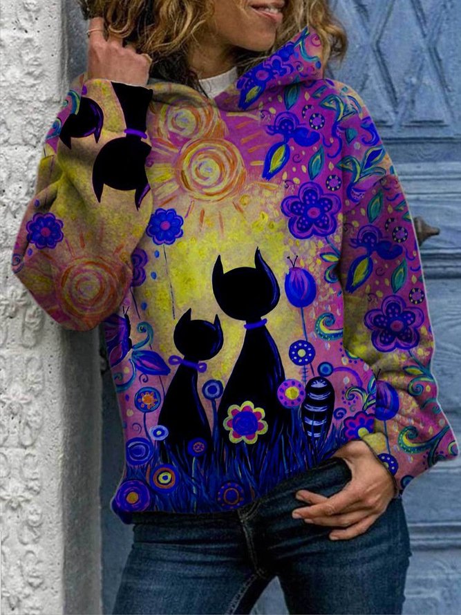 Hoodie Casual Cats Print Long Sleeve Sweatshirts