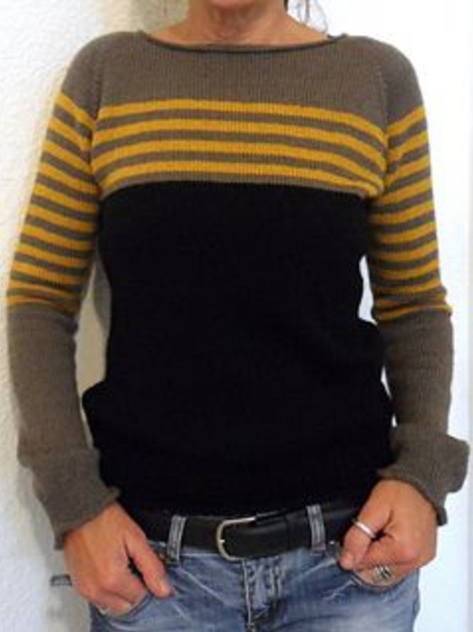 Striped Cotton-Blend Casual Crew Neck Sweater