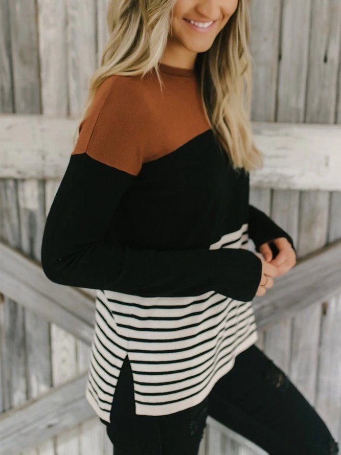 Black Striped Color-Block Casual Sweater