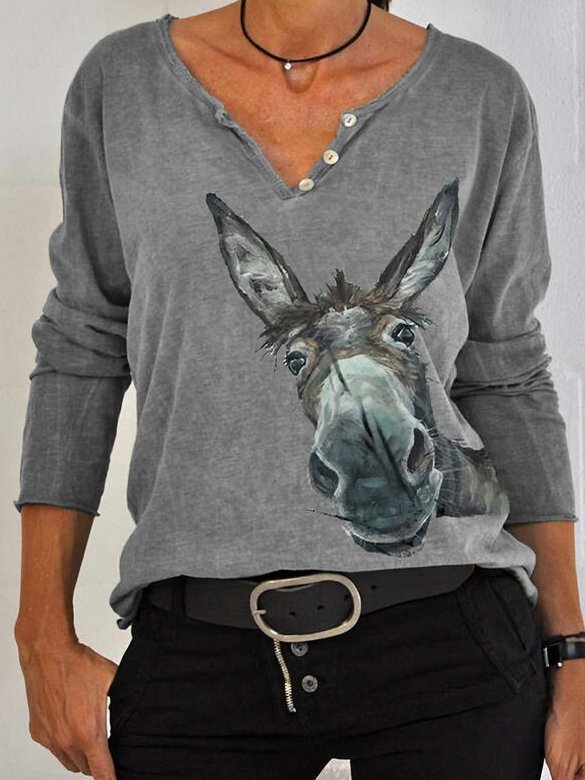 Animal V Neck Casual Sweatshirt