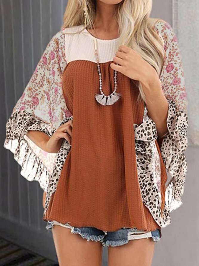 Floral Sleeve Color-Block Shirts Blouses