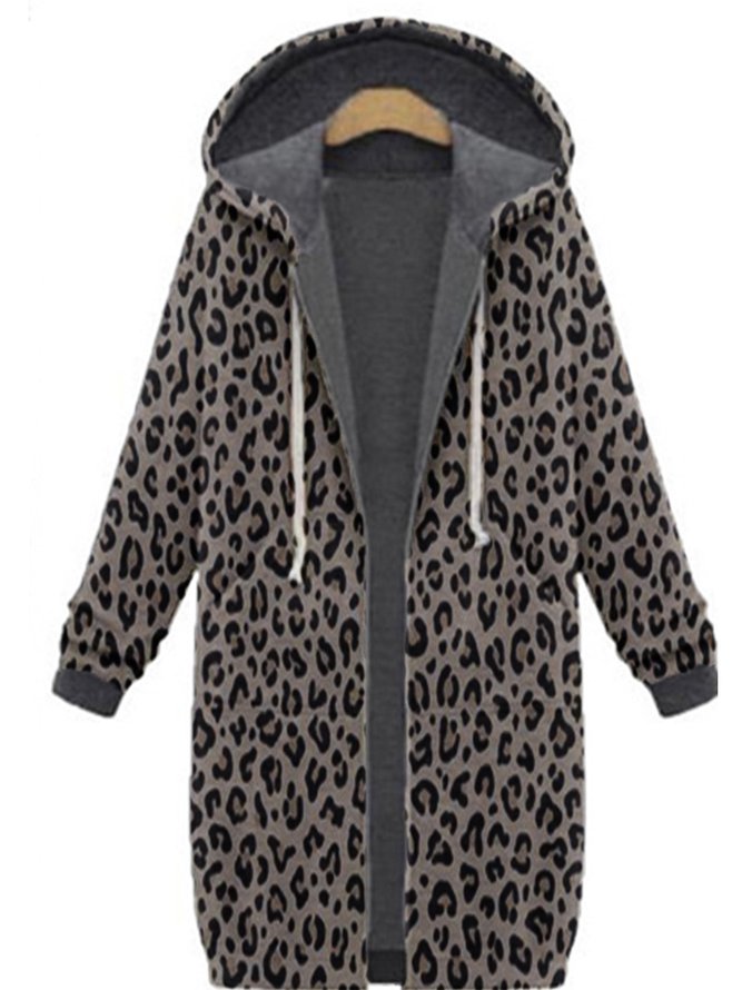 Gray Hoodie Color-Block Long Sleeve Cotton-Blend Fleece Coat