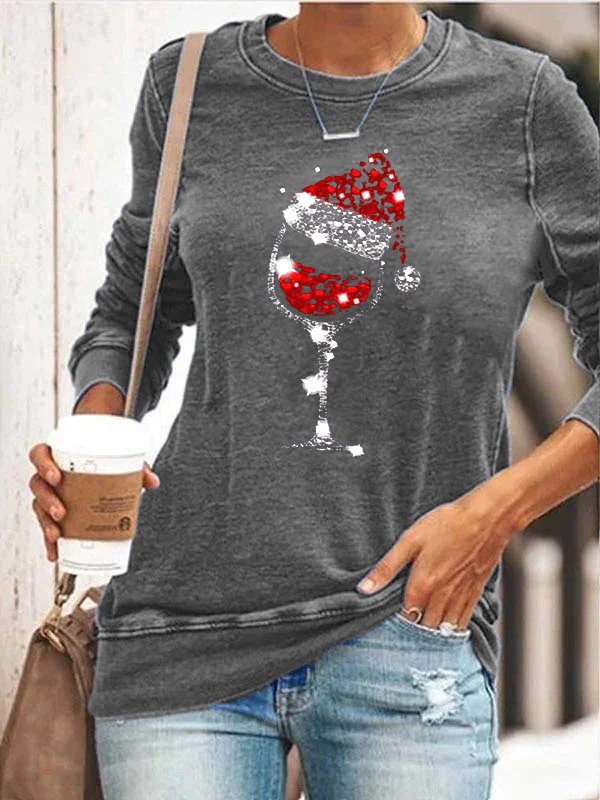 Women's Christmas Wine Glass Print Sweatshirts