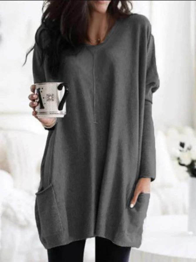 Casual Solid Long Sleeve Solid Tops Tunics with Pockets