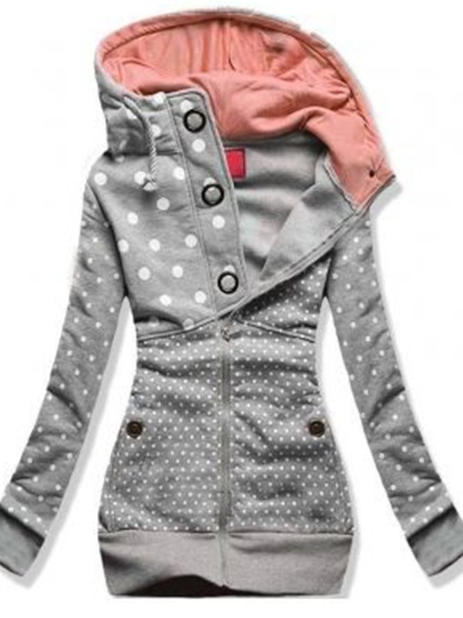Gray Long Sleeve Polka Dots Hoodie Fleece Coat