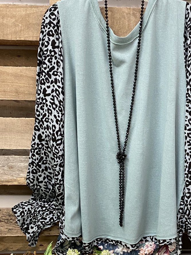 Blue Cotton-Blend Leopard Shift Long Sleeve Tops