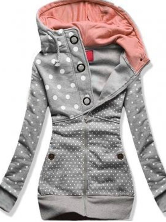 Gray Long Sleeve Polka Dots Hoodie Fleece Coat