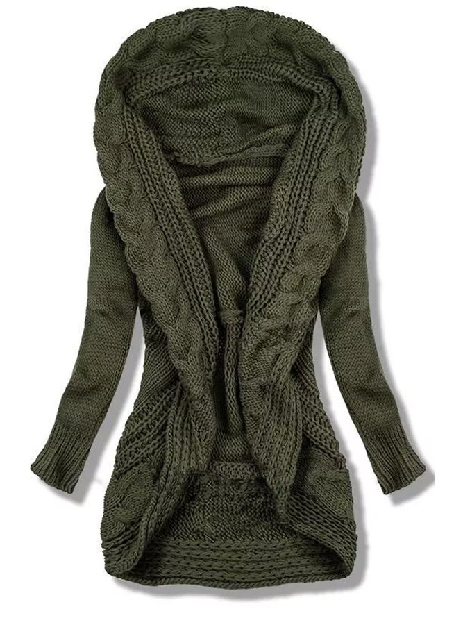 Olive Green Plain Long Sleeve Shift Casual Outerwear