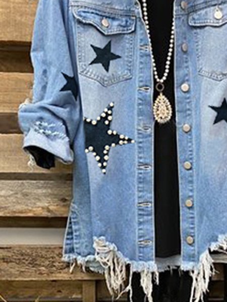 Blue Shawl Collar Star Long Sleeve Cotton-Blend Denim Jacket