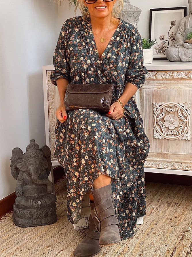 Floral Printed Loose Casual V-neck Long Sleeve Dresses