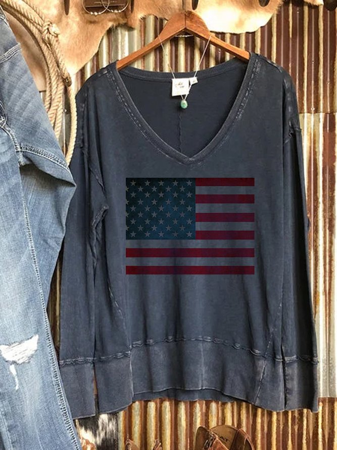 Retro casual American flag print long-sleeved knitted top
