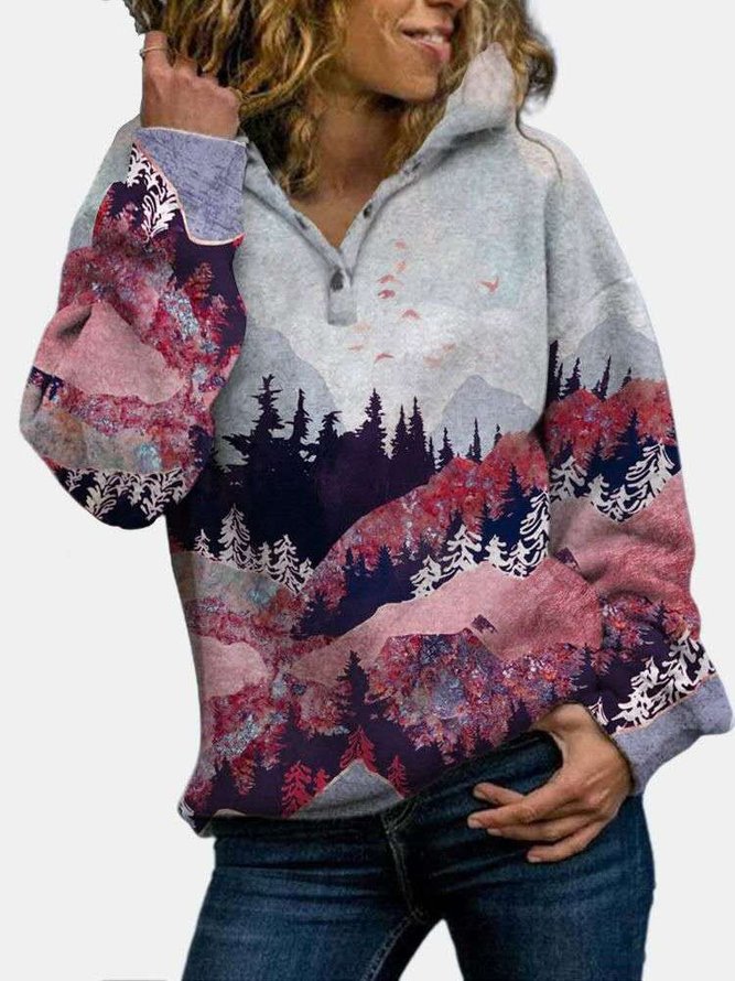 Forest Print Long Sleeve Casual Cotton-Blend Hoodie Sweatshirts