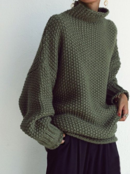 Knitted Solid Turtleneck Casual Sweater