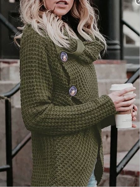 Solid Buttoned Long Sleeve Knitted Turtle Neck Sweater