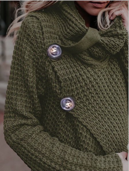 Solid Buttoned Long Sleeve Knitted Turtle Neck Sweater