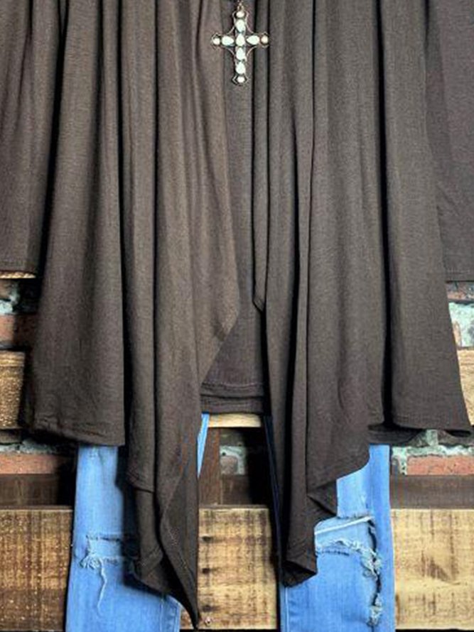High Low Cotton-Blend Plain Long Sleeve Cardigan