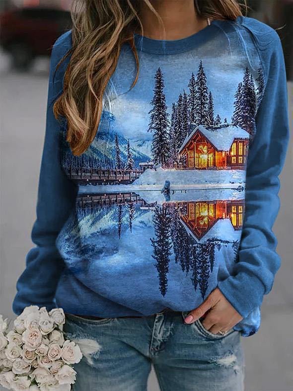 Casual Long Sleeve Christmas Print Sweatshirt