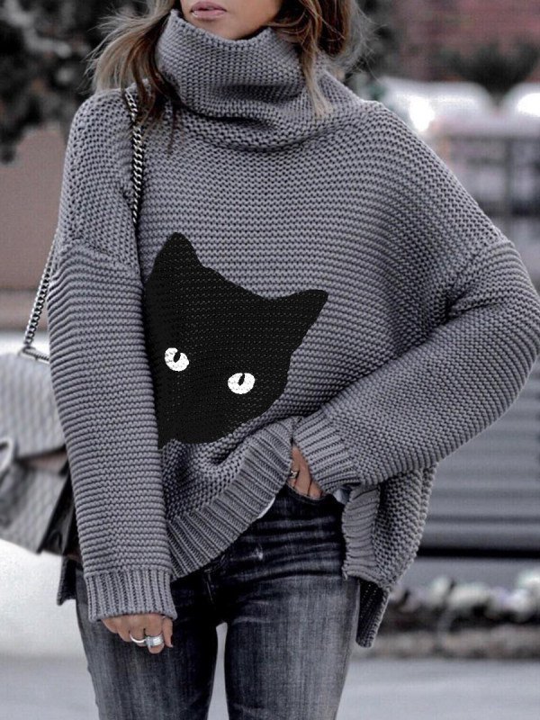 Cats Print Acrylic Turtleneck Shift Casual Sweater