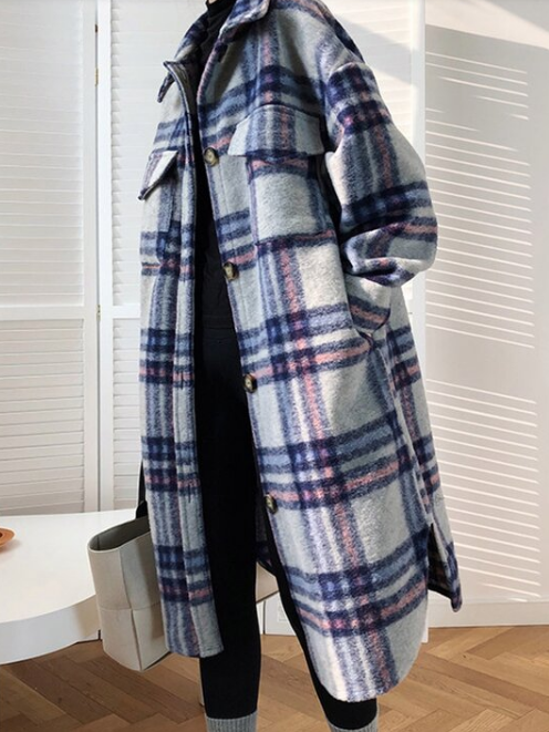 Vintage Long Sleeve Checkered/plaid Fleece Coat