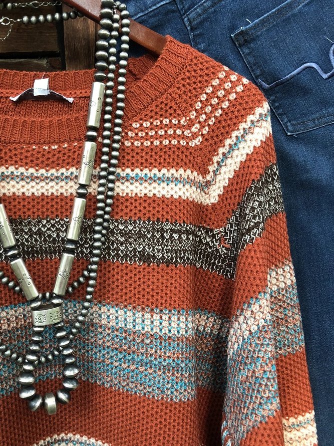 Autumn and winter casual contrast geometric round neck retro sweater