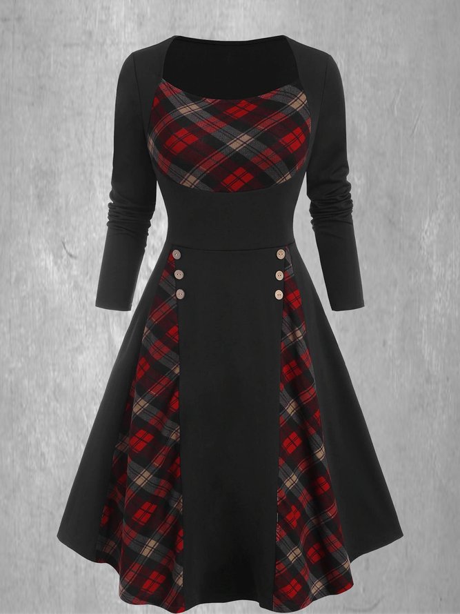 Color-Block Checkered/plaid Long Sleeve Weaving Dress