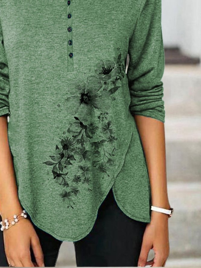 Basic T-shirt with green graphic print V-neck Floral-Print Long Sleeve T-shirt