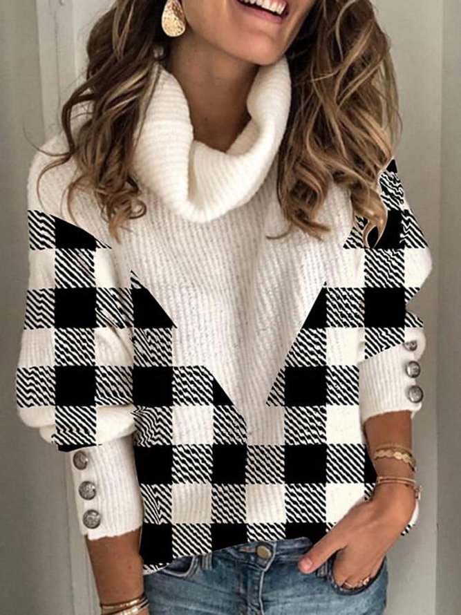 Color Block Grid Turtleneck Casual Sweaters