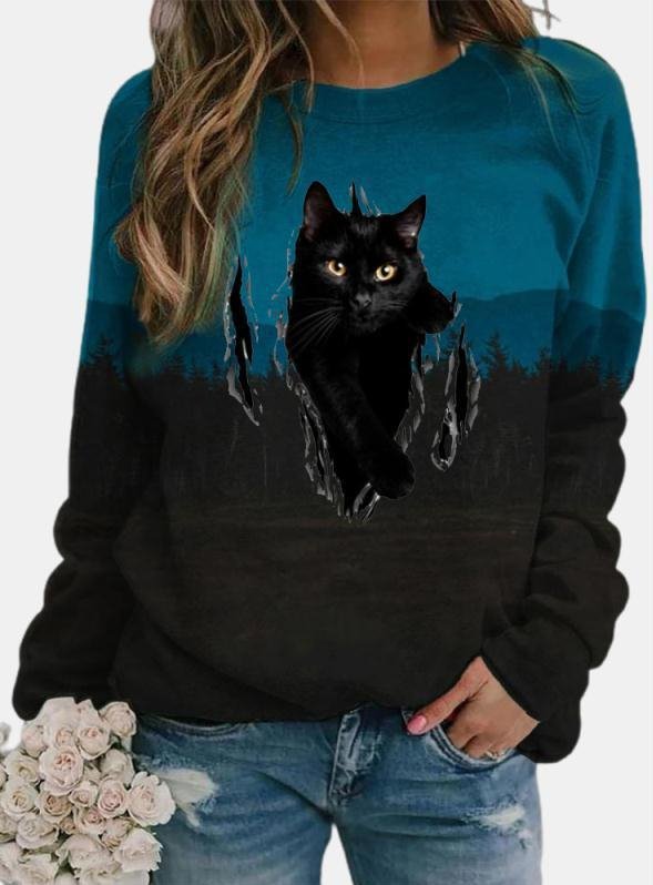 Casual Long Sleeve Cats Print Sweatshirt