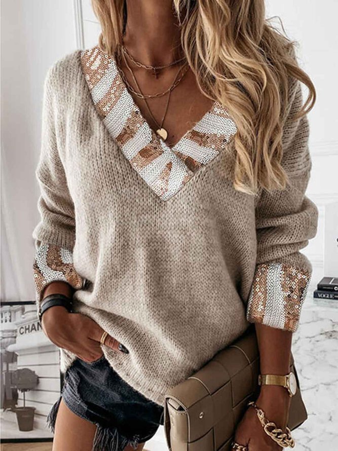 Solid Sequins V-Neck Casual Sweaters