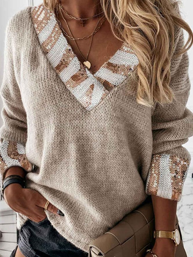 Solid Sequins V-Neck Casual Sweaters