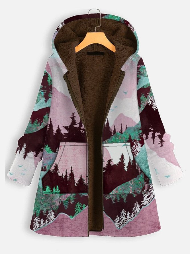 Casual Forest Print Long Sleeve Fleece Jacket