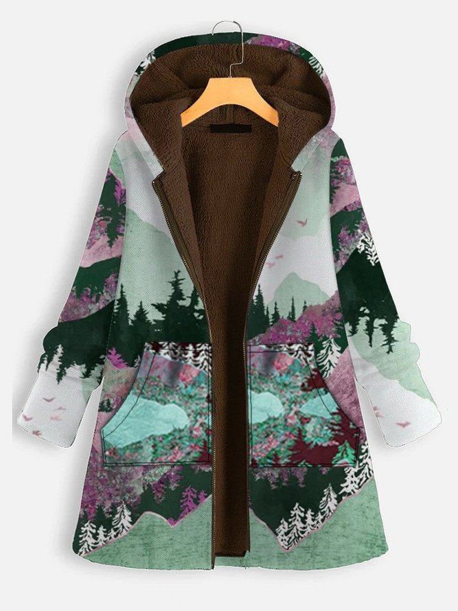 Casual Forest Print Long Sleeve Fleece Jacket