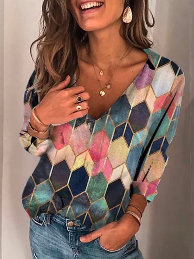 Casual Long Sleeve Cotton-Blend V Neck Tops