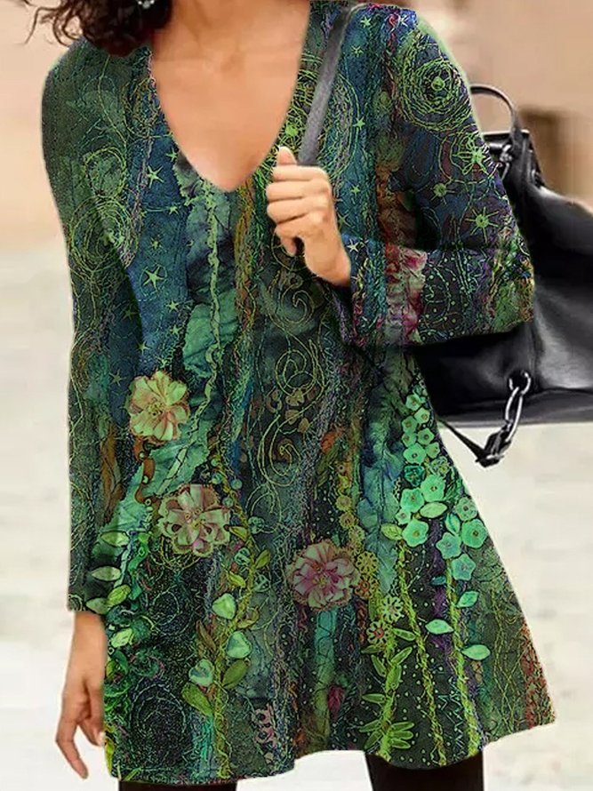 Casual Long Sleeve Floral Tunics