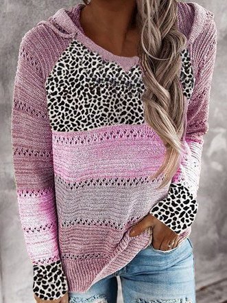 V Neck Casual Leopard Cotton-Blend Sweater