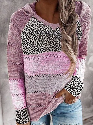 V Neck Casual Leopard Cotton-Blend Sweater