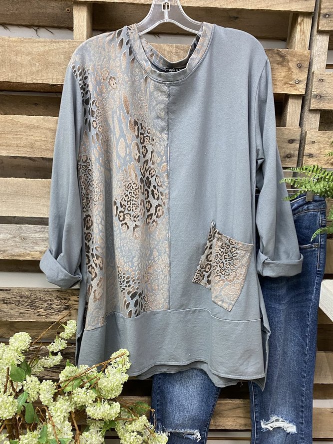 Long Sleeve Cotton-Blend Shift Leopard Shirts & Tops