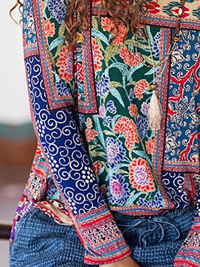 Floral Long Sleeve Cotton-Blend Vintage Tops