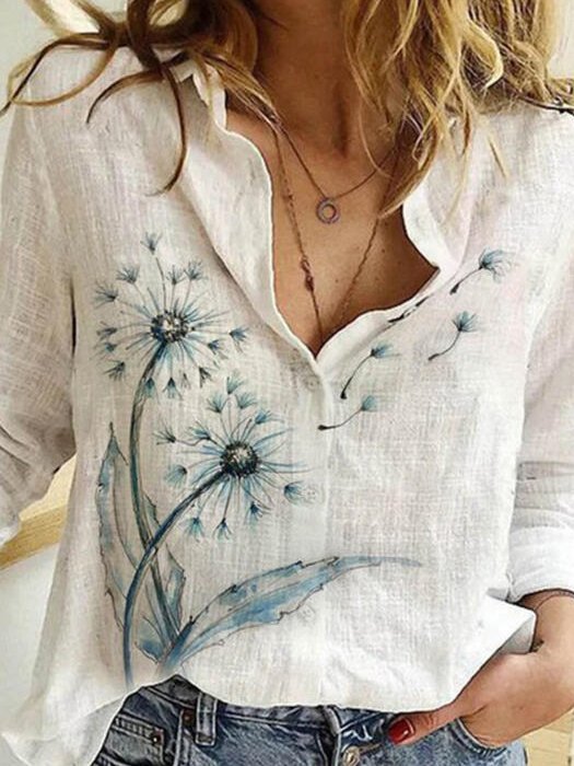 Print Lapel Long Sleeves Button Up Casual Shirt Blouses